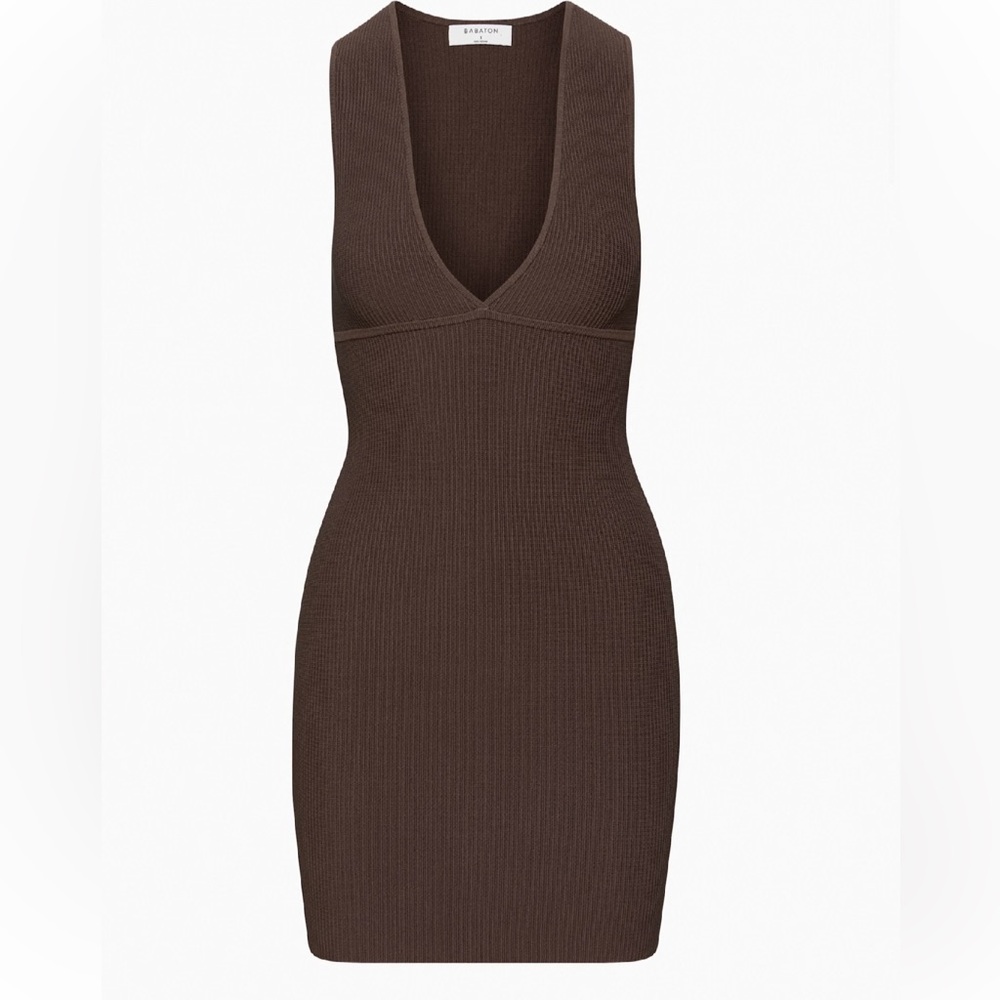 NWOT Aritzia Babaton Deep V Ribbed Sculpt Knit Mini Dress Rich Mocha Brown Sz XL